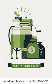 Vector modern flat concept design on dirty money laundering in green color scheme | Organized financial crime illustration with retro washing machine, money bags and cash banknotes 