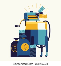 Vector modern flat concept design on dirty money laundering | Organized financial crime illustration with retro washing machine, money bags and cash banknotes 