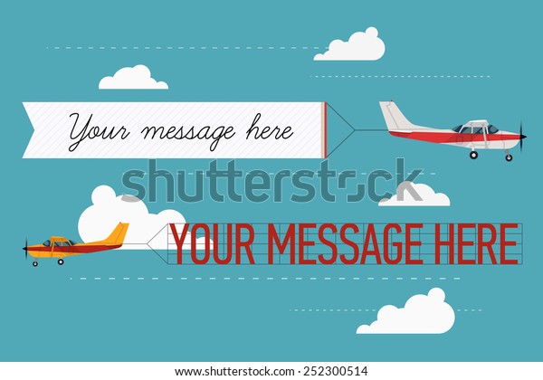 Vector modern flat concept design on flying\
advertising banners pulled by light plane. Ideal for web banners\
and printable materials