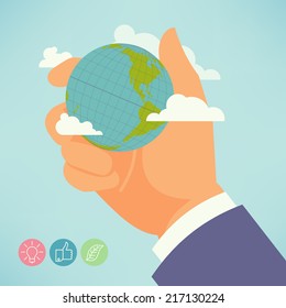 Vector modern flat concept ecology themed design featuring hand holding planet with clouds | Abstract illustration background showing hand with globe, global warming, ecological problems