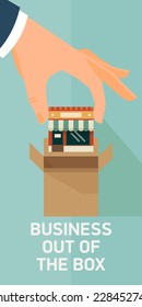 Vector modern flat concept illustration on business out of the box | Hand of the business man taking small commercial building out of the brown cardboard box