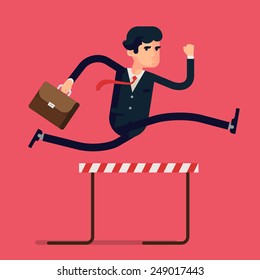 Vector modern flat concept presentation character design element on businessman in suit with briefcase jumping over hurdle obstacle