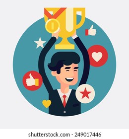 Vector modern flat concept round presentation design element on victory and success in business and industry with businessman holding golden award bowl above his head with like thumbs, hearts, stars