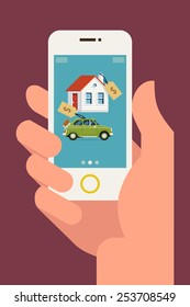 Vector modern flat concept web banner design on hand holding mobile phone with realty and car sales marketplace application featuring house and small classic city car icons with price tags 