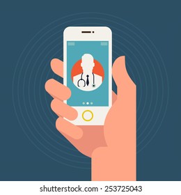 Vector Modern Flat Concept Web Banner Design On Hand Holding Mobile Phone With Medical Assistance And Doctor Consultation Online Featuring Abstract Physician Icon