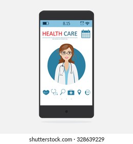 Vector modern flat concept web banner design on mobile phone with medical assistance and doctor consultation online featuring abstract physician icon