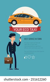 Vector modern flat creative concept vertical banner design on business taxi service application featuring yellow modern hybrid eco taxi cab | Male businessman calling taxi with his mobile phone