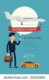 Vector modern flat creative concept vertical banner design on business jet trip booking application featuring modern business jetliner plane | Male businessman checking flight status on his phone