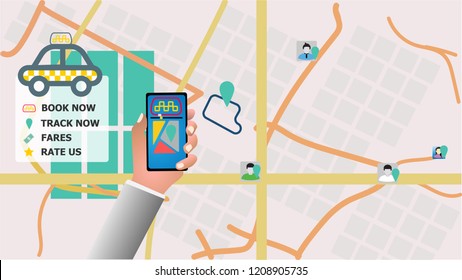 Vector modern flat creative info graphics design on public taxi service application featuring yellow modern taxi cab. Male hand holding phone with taxi hire service application running