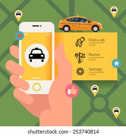 Vector modern flat creative infographics design on public taxi service application featuring yellow modern taxi cab | Male hand holding phone with taxi hire service application running