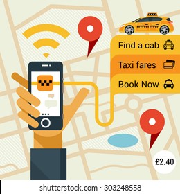 Vector modern flat creative infographics design on public taxi service application featuring yellow modern taxi cab | Male hand holding phone with taxi hire service application running