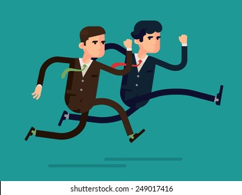 Vector modern flat design abstract illustration on running business people in rush competing | Two different businessmen competition run, isolated, full length | Leader and outsider dashing run