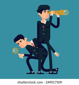 Vector modern flat design abstract business character illustration on search in business strategy and industry with men using spyglass and looking glass | Searching high and low concept illustration