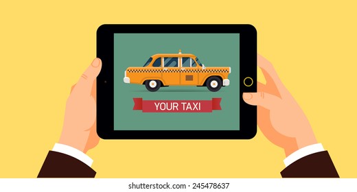 Vector modern flat design background on hands holding tablet computer with yellow taxi cab vehicle icon on screen | Public transport icon taxicab with 'Your taxi' title displayed on mobile computer