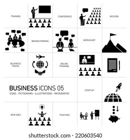 Vector Modern Flat Design Business Icons And Illustrations Set Of Training, Businessman On Conference Or Workshops White Pictogram And Infographic Isolated On Black Background