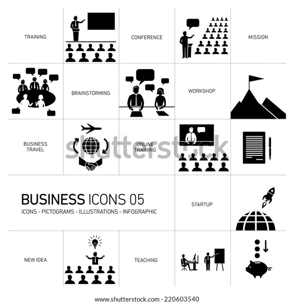 黒い背景にトレーニング 会議中のビジネスマン ワークショップ の白い絵文字 およびインフォグラフィックのセットを含む ベクター画像のフラットデザインビジネスアイコンとイラスト のベクター画像素材 ロイヤリティフリー