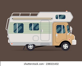 Vector modern flat design camping car icon, side view, isolated | Classic caravan truck illustration