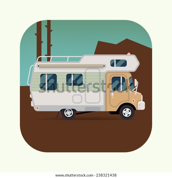 Vector modern flat\
design camping car icon, side view, round corners | Classic caravan\
truck illustration