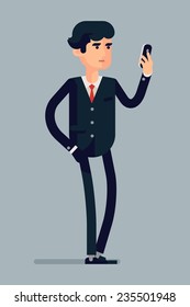 Vector Modern Flat Design Character Illustration On Full Length Suit Clothed Business Man Walking With Hand In Pocket And Browsing His Smart Phone 