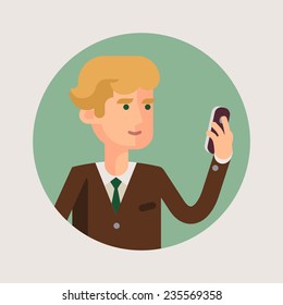 Vector modern flat design circle icon of brown suit clothed blonde hair business man browsing his smart phone | Male in official outfit using his mobile phone