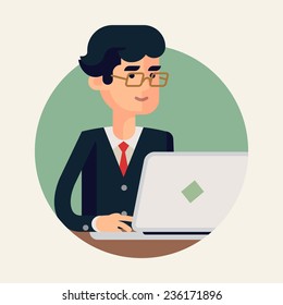 Vector modern flat design circle icon on businessman character in glasses working on laptop | Male person in black suit smiling while using his personal computer  