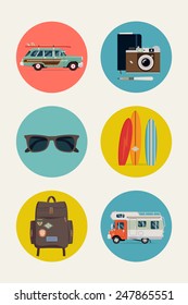 Vector Modern Flat Design Circle Web Icons Set On Best Summer Vacation Activities With Surf Car, Retro Camera With Pencil And Sketch Field Notes Book, Sunshades, Backpack, Surfboards And Caravan Car