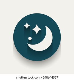 Vector modern flat design circle web application or user interface icon on sleeping, silence, do not disturb mode with crescent moon and shining stars with shadow effect