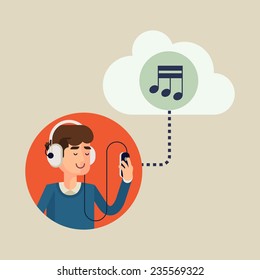 Vector modern flat design concept illustration of casual clothed man wearing earphones listening music on his smart phone using online cloud service | Favorite music is always available