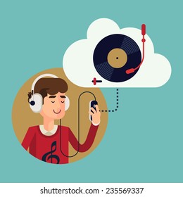 Vector modern flat design concept illustration of casual clothed man wearing earphones listening music on his smart phone using online cloud service | Finest music records available online