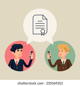 Vector modern flat design concept illustration on two business men reaching agreement over mobile network | Digital media, mobile and social network usage in business and industry management