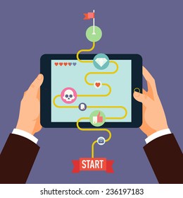 Vector modern flat design concept illustration on gamification and innovation in business and industry featuring male hands holding tablet computer with business strategy as simplified game level 