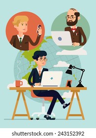 Vector modern flat design concept illustration on global connectivity and team working in business and industry with planet on background | Businessmen having video conference using mobile devices