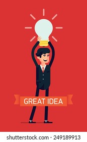 Vector modern flat design concept creative visual on great idea and brainstorming in business with businessman holding idea light bulb above his head, laughing happy, full length