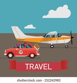 Vector modern flat design concept simple illustration on travel featuring light personal single engine plane and small open top retro city car equipped with picnic basket