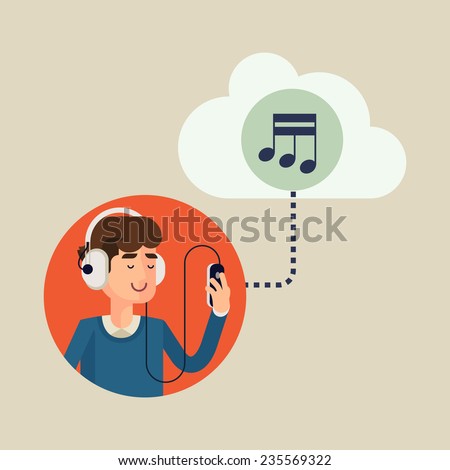 Vector modern flat design concept illustration of casual clothed man wearing earphones listening music on his smart phone using online cloud service | Favorite music is always available