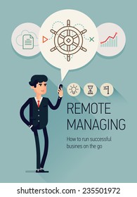 Vector modern flat design creative visual on remote management digital marketing and outsourcing featuring full length suit clothed business man walking with hand in pocket and holding smart phone 