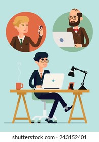 Vector modern flat design creative concept illustration on connectivity and team working in business and industry | Businessmen having video conference using their mobile devices