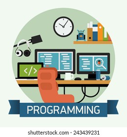 Vector modern flat design creative circle icon on programming, coding and debugging | Programmer workspace icon with multiple computers, wall clock, book shelf and more