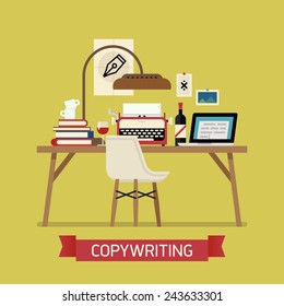 Vector modern flat design creative illustration on copywriting | Copywriter workspace icon with typewriter, laptop, bottle of wine, pile of books and more