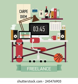 Vector modern flat design creative illustration on freelancer workplace | Workspace interior of contemporary creative person featuring skate board, work desk, book shelf, speakers, laptop and more 