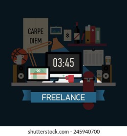 Vector modern flat design creative illustration on freelancer workplace at night | Creative illustration on overtime working creative person work desk