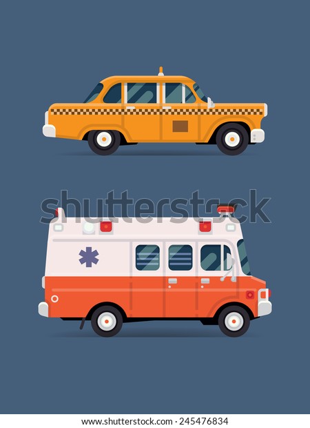 Vector modern flat design creative icons on\
ambulance van and yellow retro taxi cab, isolated | Public service\
city transport icons
