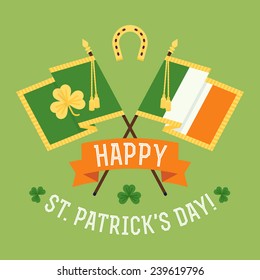 Vector modern flat design decoration on Happy Saint Patrick's Day featuring Ireland flag, green flag with golden clover leaf, horseshoe, clover leaves and greeting title
