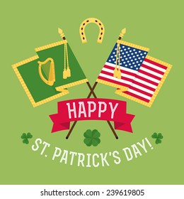 Vector modern flat design decoration on Happy Saint Patrick's Day featuring stars and stripes flag, green flag with golden harp, horseshoe, clover leaves and greeting title