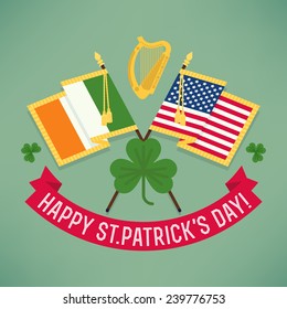 Vector modern flat design decoration on Happy Saint Patrick's Day featuring stars and stripes flag, Ireland flag, golden harp, clover leaves and greeting title on ribbon