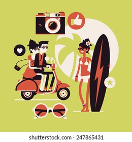 Vector modern flat design elements on young lady eventful ideal beach summer vacation | Web banner items on best summer activities with young woman holding surfboard, hipster couple on retro scooter