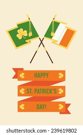 Vector modern flat design greeting card or poster template on Happy Saint Patrick's Day featuring Ireland flag, green flag with golden clover leaf, red ribbon with title