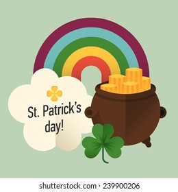 Vector modern flat design greeting card or poster template on Happy Saint Patrick's Day featuring rainbow with leprechaun pot of gold, shamrock and cloud with sample text