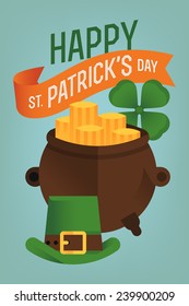 Vector modern flat design greeting card or poster template on Happy Saint Patrick's Day featuring leprechaun pot of gold, green hat and orange ribbon with greeting text