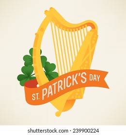 Vector modern flat design greeting card or poster template on Happy Saint Patrick's Day featuring golden harp, shamrock and orange ribbon with greeting text